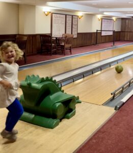 June's first bowling at Hotel Pattee in Perry, Iowa