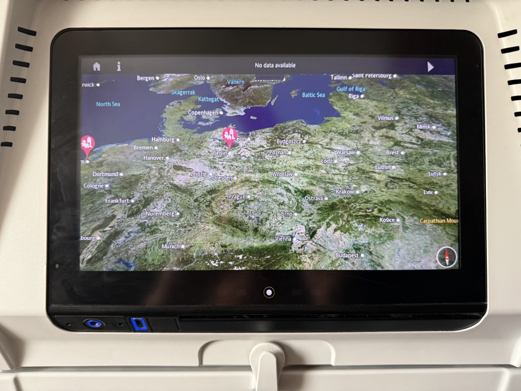 This airplane map shows all the countries I'm visiting--Poland, Lithuania, Austria and Hungary, plus much of the rest of Europe